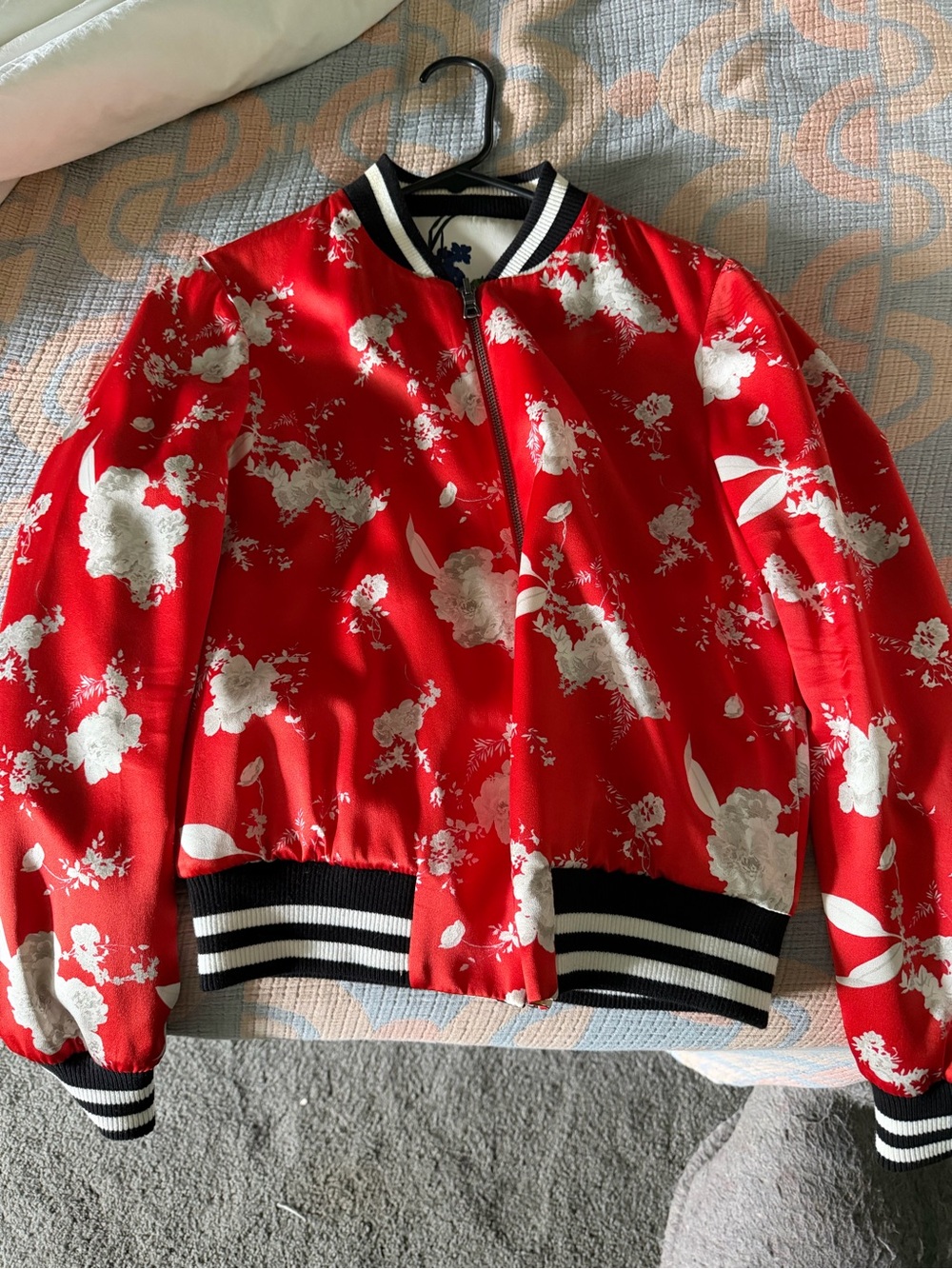 Alice + Olivia Red Floral Bomber Jacket with Black-and-White Trim Ribbing